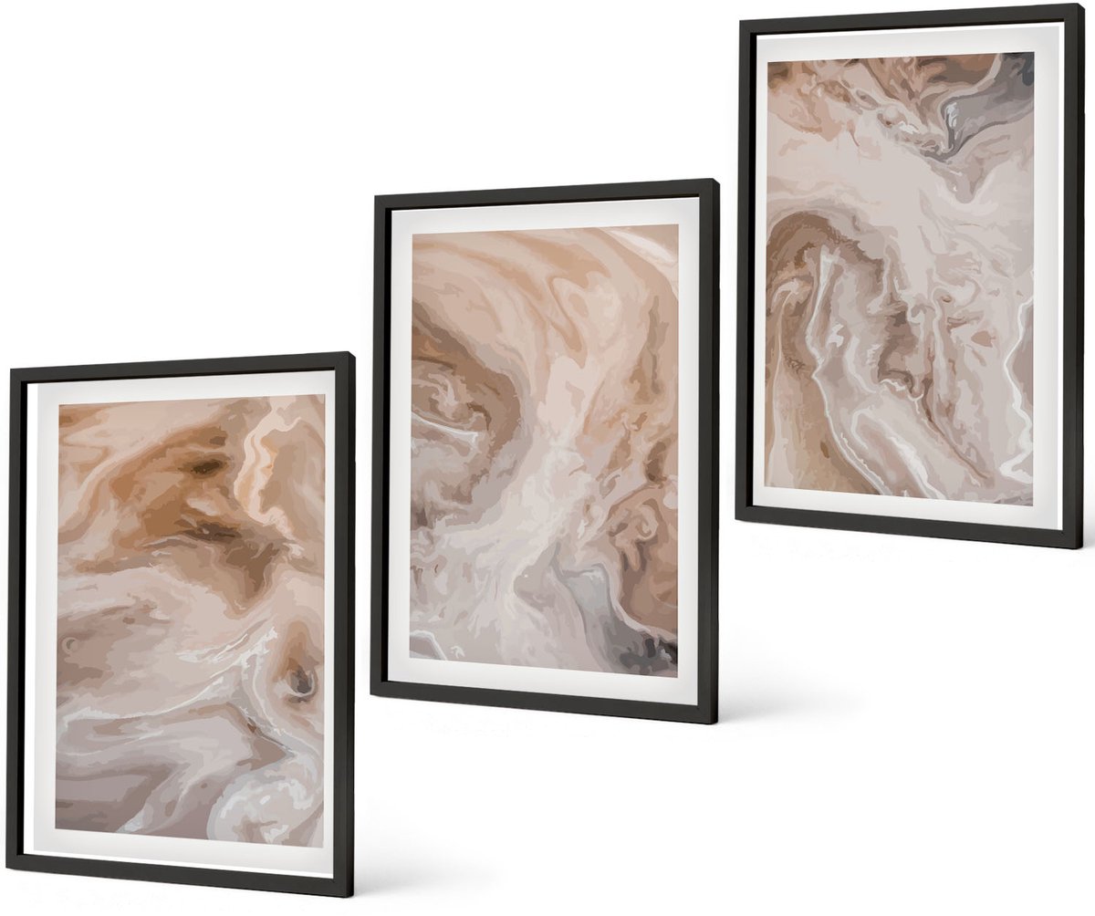 Coloray 3-Delige Schilderij Set - Abstracte Marmerpatronen, Steentexturen - 40 x 60 cm - Wanddecoratie - Schilderijen Set - Kantoor - Moderne Wanddecoratie Zwarte lijst