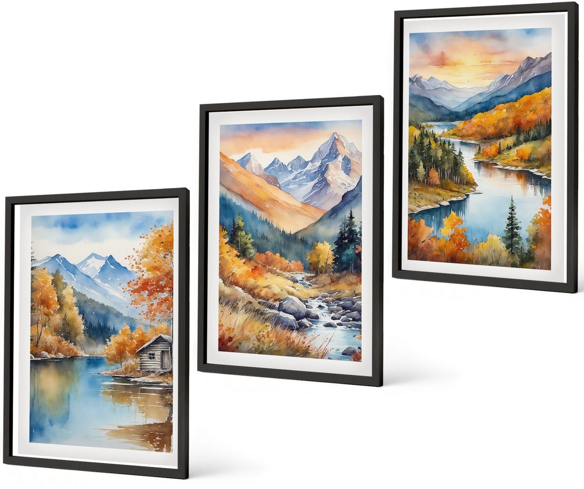 Coloray 3-Delige Schilderij Set - Berglandschap Met Een Rivier En Herfstbomen - 40 x 60 cm - Wanddecoratie - Moderne Interieurdecoratie