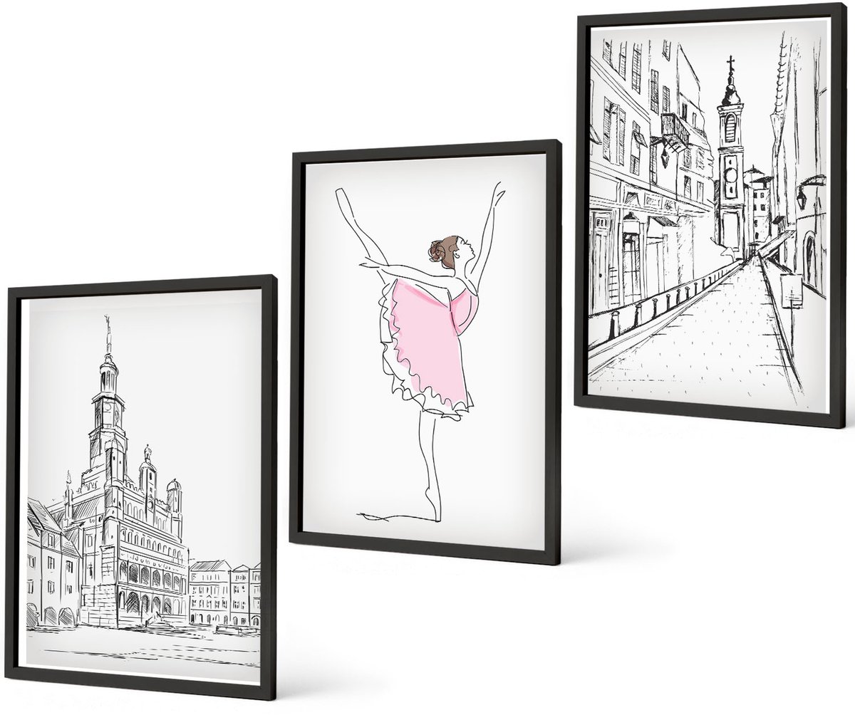 Coloray 3-Delige Schilderij Set - Stijlvolle Schilderijen Van Een Dansende Ballerina En Architectuur. - 40 x 60 cm - Wanddecoratie - Schilderijen Set - Interieur - Stijlvolle Muurdecoratie