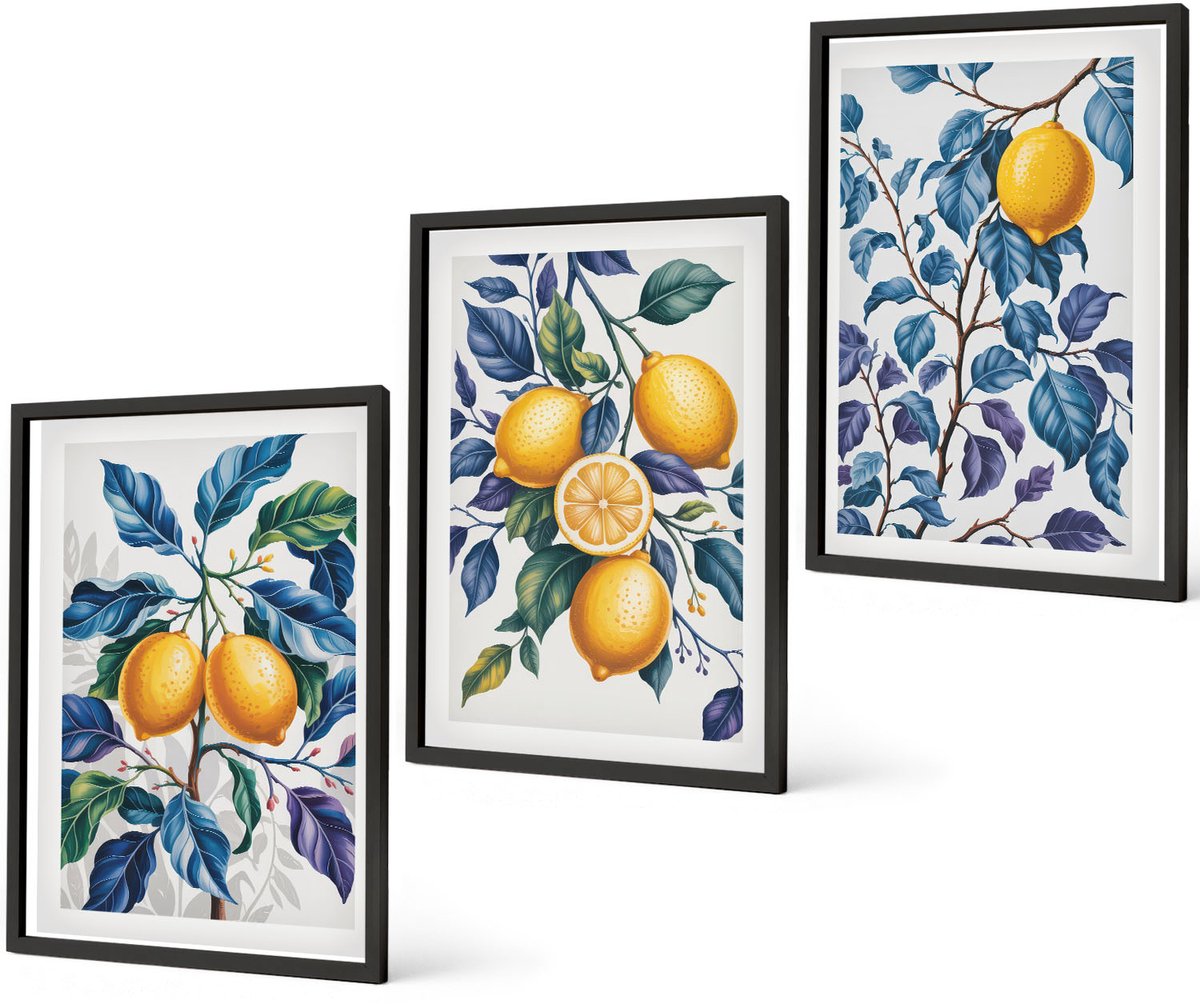 Coloray 3-Delige Schilderij Set - Citroenen Aan Takken Met Blauwe Bladeren - 40 x 60 cm - Wanddecoratie - Woonkamer Decoratie - Interieur Decoratie