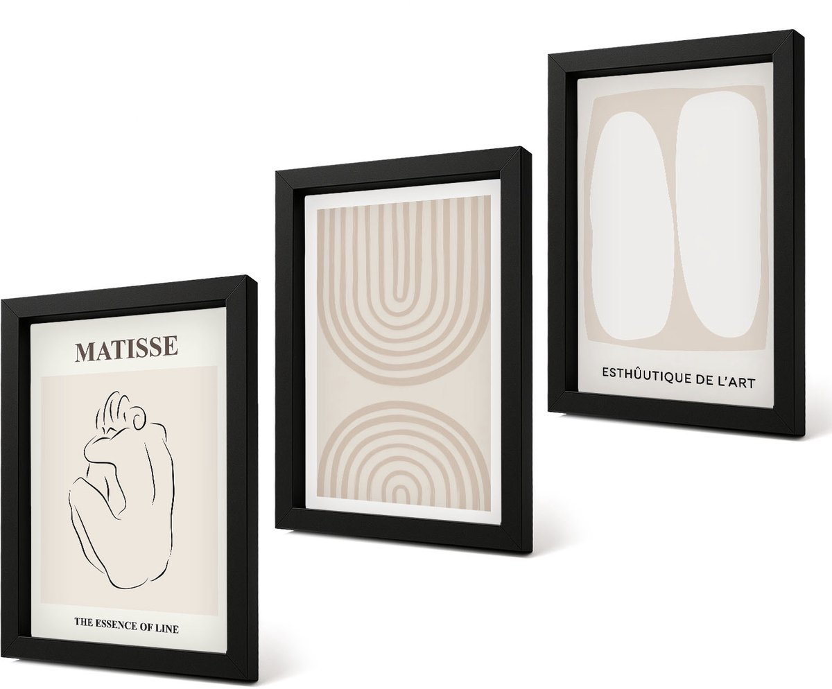 Coloray 4-Delige Schilderij Set - Stijlvolle lijnen en minimalistische vormen in neutrale tinten. - 20 x 30 cm - Wanddecoratie - Woonkamer Decoratie - Stijlvolle Muurdecoratie