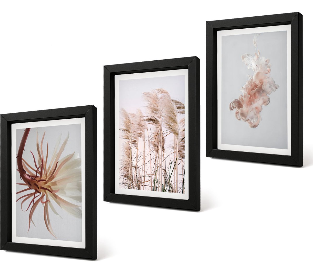 Coloray 4-Delige Schilderij Set - Bloemen en grassen op een lichte achtergrond in een harmonieus geheel. - 20 x 30 cm - Wanddecoratie - Woonkamer Decoratie