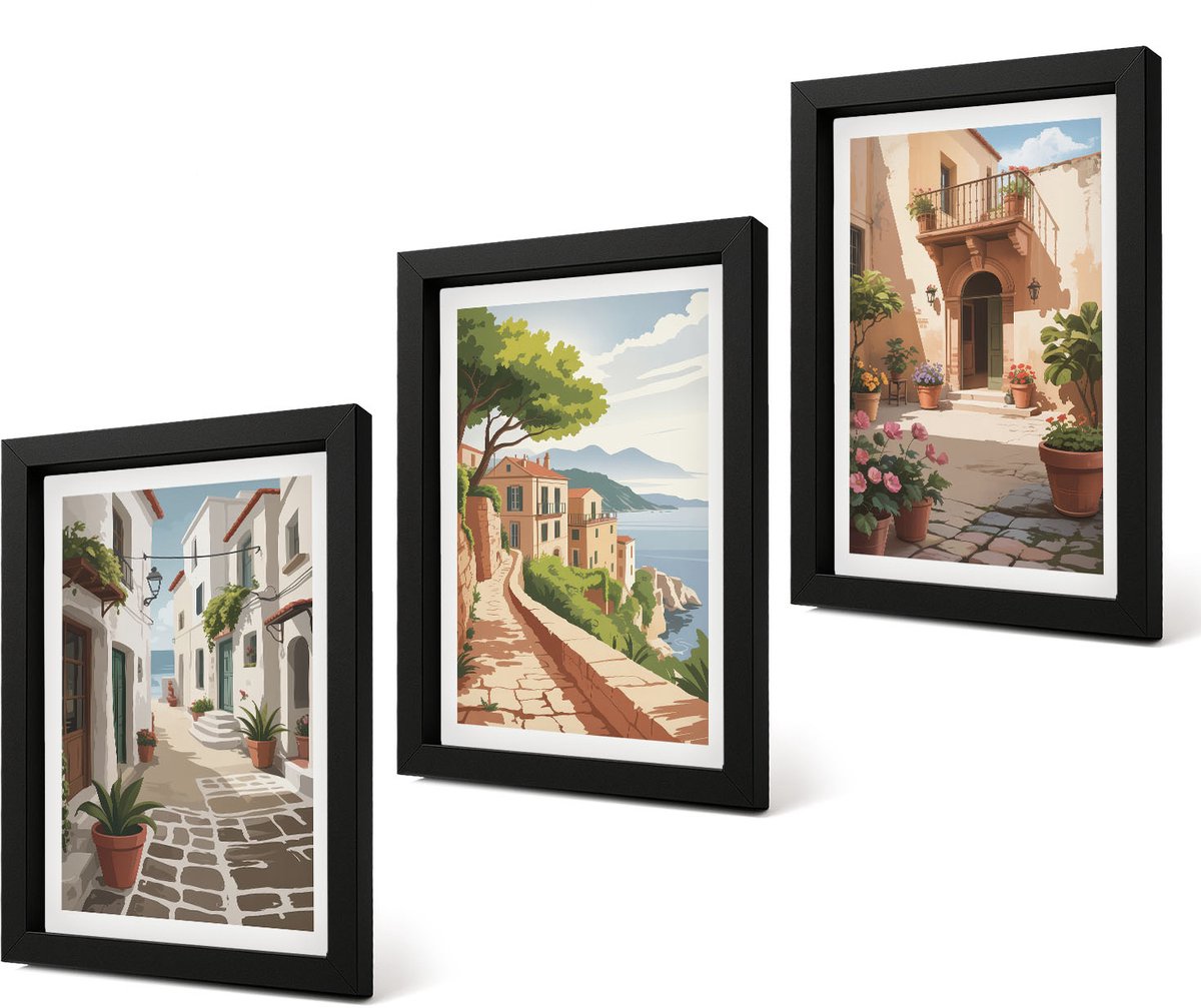 Coloray 4-Delige Schilderij Set - Schilderachtige straatjes met huizen en potplanten. - 20 x 30 cm - Wanddecoratie - Moderne Interieurdecoratie