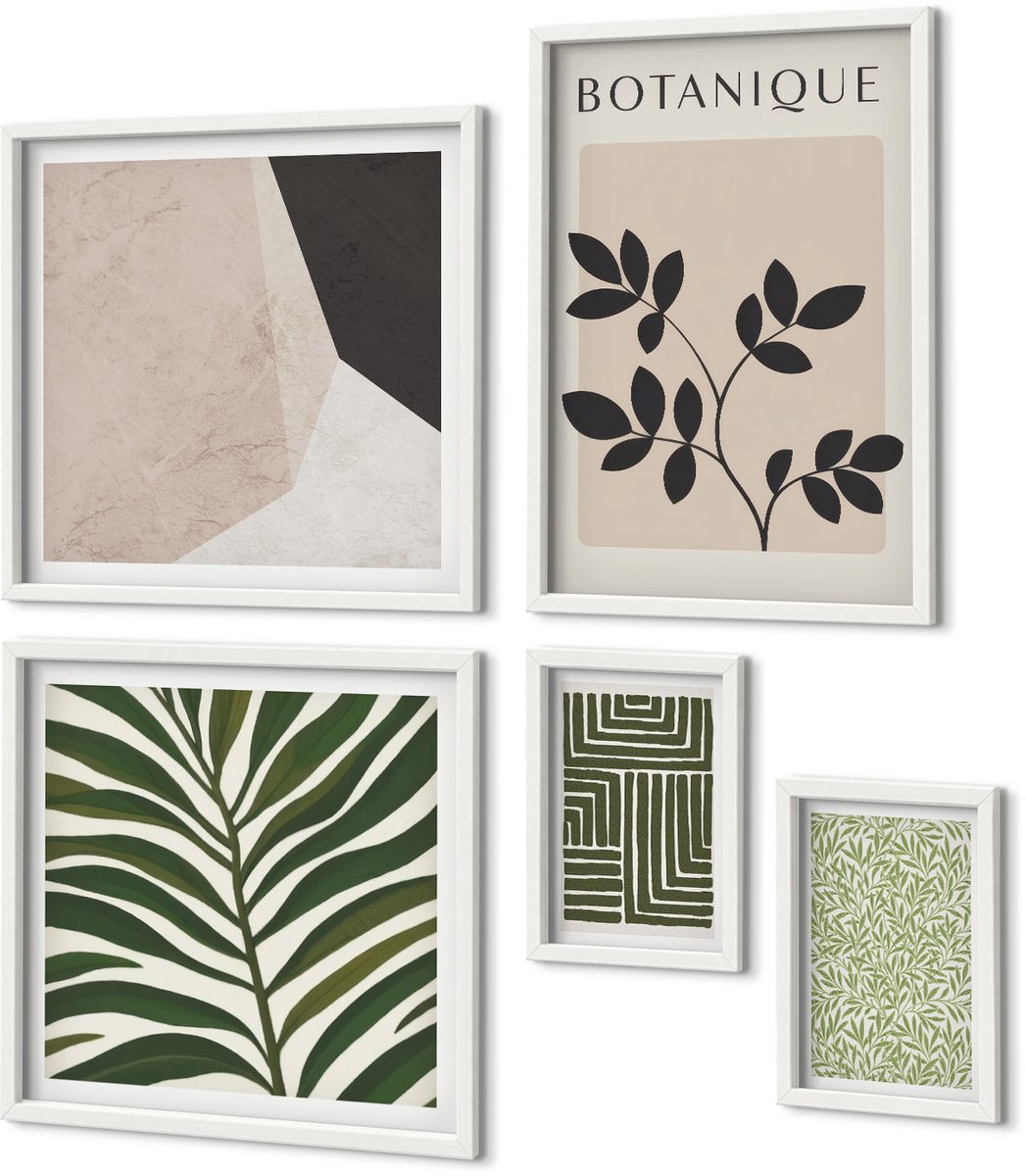 Coloray 5-Delige Schilderij Set - Planteninspiratie In Een Moderne En Minimalistische Stijl - 50 x 50 cm, 20 x 30 cm En 40 x 60 cm - Stijlvolle Muurdecoratie - Slaapkamer - Woonkamer Decoratie