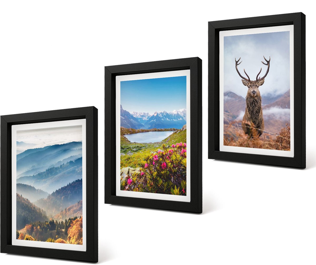 Coloray 4-Delige Schilderij Set - Berglandschappen met meer en herten in de natuur - 20 x 30 cm - Stijlvolle Muurdecoratie - Slaapkamer
