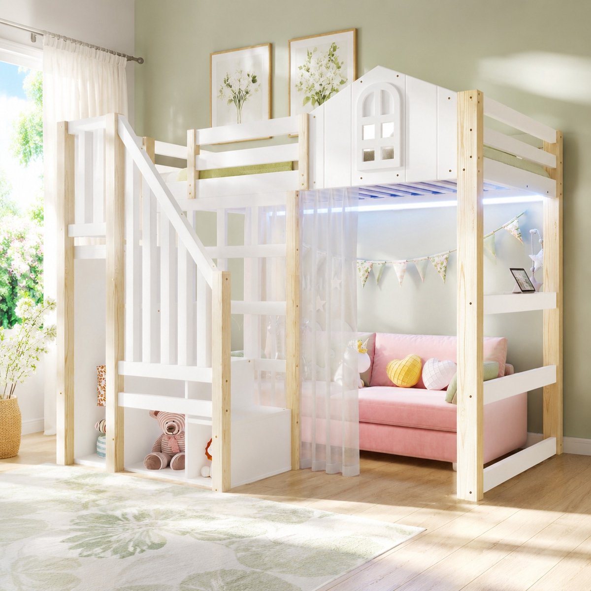REDOM - Hoogslaper voor kinderen - Opbergladder en open opbergruimte - LED verlichting - 90 x 200 cm - Hout - MDF