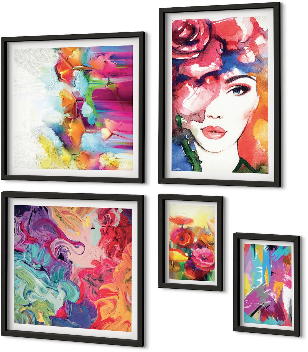 Coloray 5-Delige Schilderij Set - Kleurrijke Abstracte Kunst En Portretten In Een Moderne Stijl. - 50 x 50 cm, 20 x 30 cm En 40 x 60 cm - Wanddecoratie - Moderne Interieurdecoratie - Interieur Decoratie Zwarte lijst