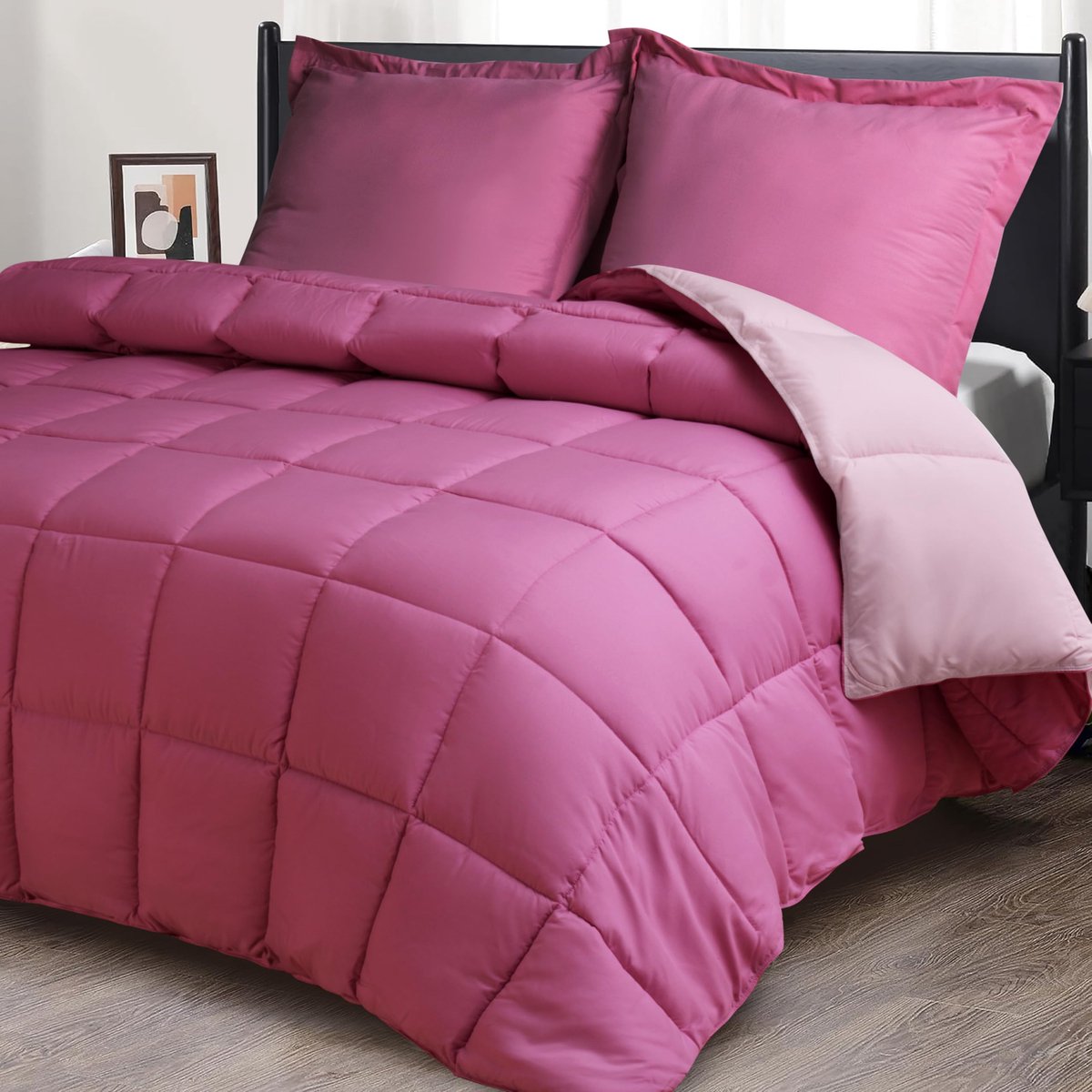 HIG dekbed 240x220 cm + 2 kussenslopen 65x65 cm – Oeko-TEX gecertificeerde roze gestikte dekbed met kistnaaiing, 1500g - ShopVlot