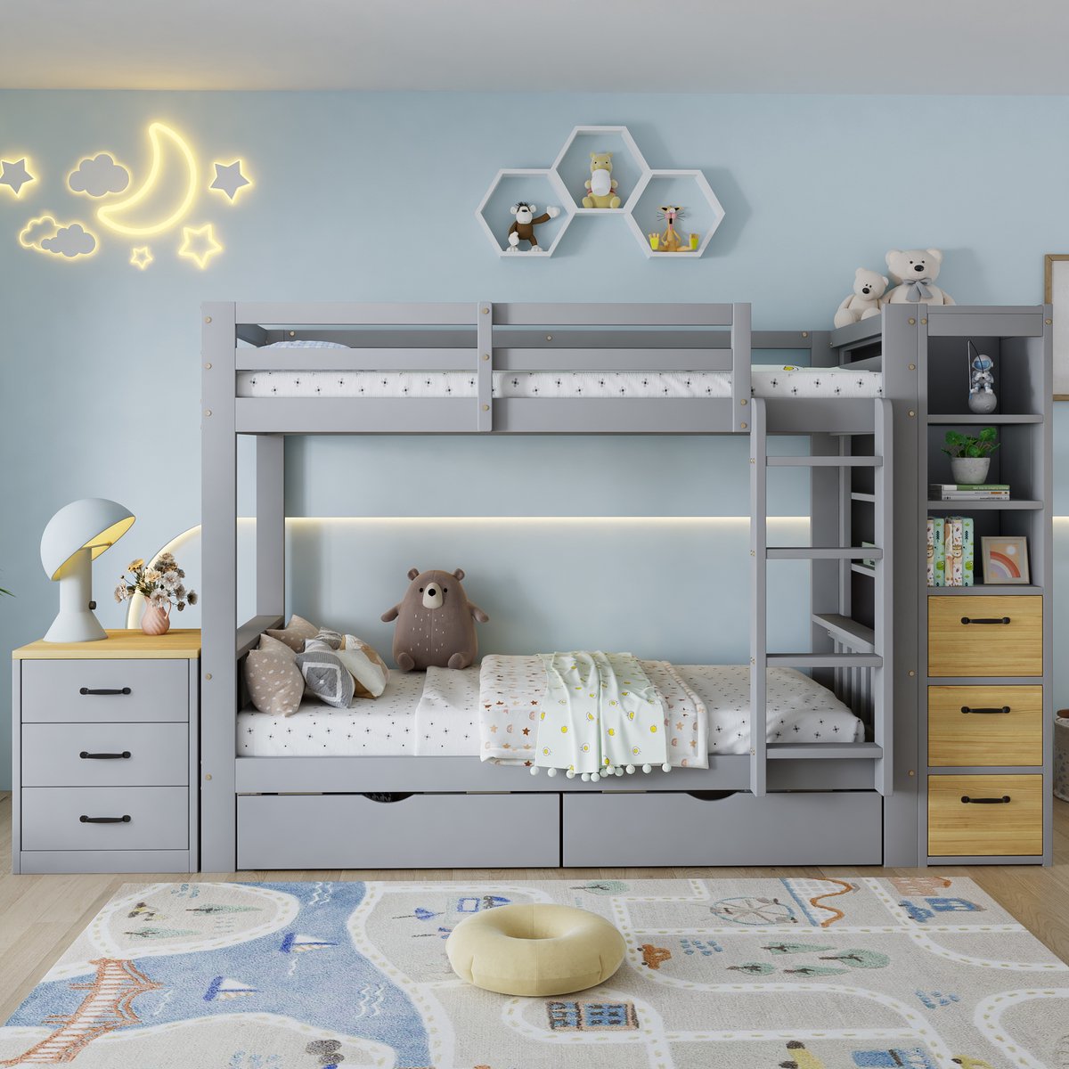 VVBV Stapelbed 90x200 cm - Opbergtrap, Met Lades, Met Planken - Lichtgrijs/Naturel, Massief Hout & MDF
