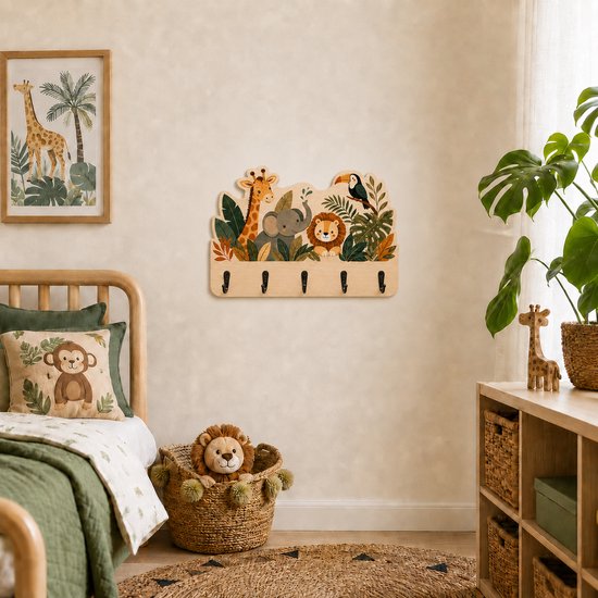 Houten kapstok met jungle dieren, hangend boven een kinderbed met jungle thema.
