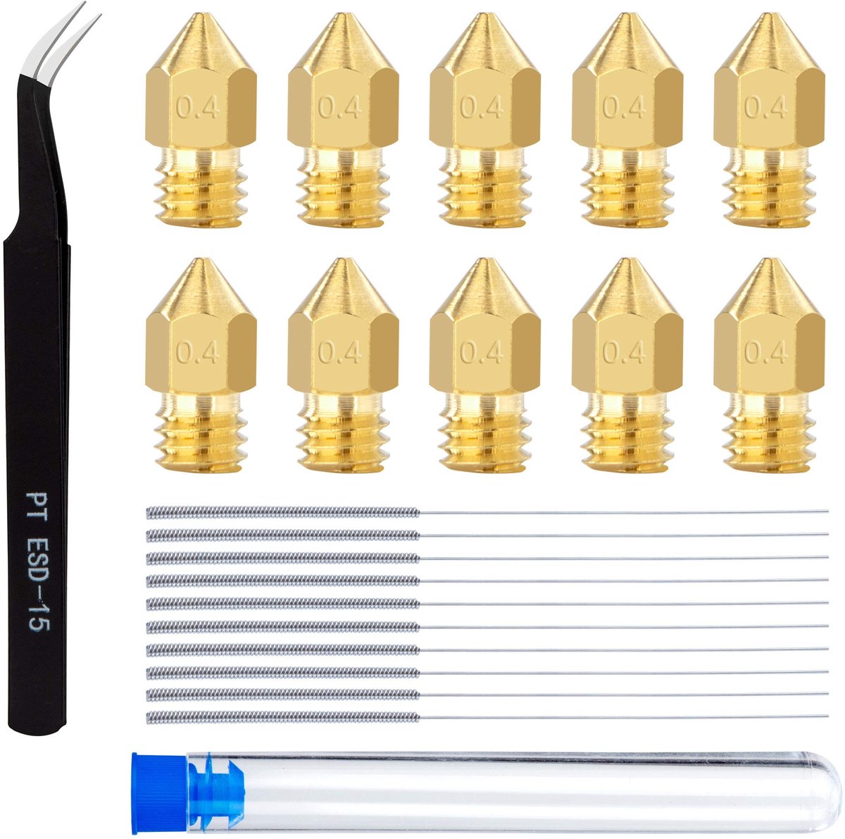 Solidchoice - MK8 3D-printersproeiers - Messing 0,4 mm - Inclusief Pincet en Naaldreiniging - 22 Stuks