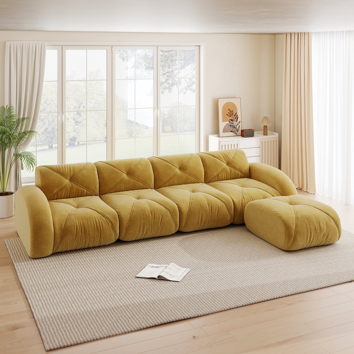Lounge Bank L-vorm - Grote Modulaire Sofa 358 cm Diepe Zit Chenille Hoekbank Geel