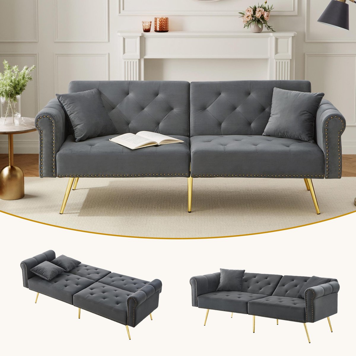 Comfortabele en praktische 2-persoons slaapbank - Samtbezug - 173x75x70 cm, Antiekgrijs