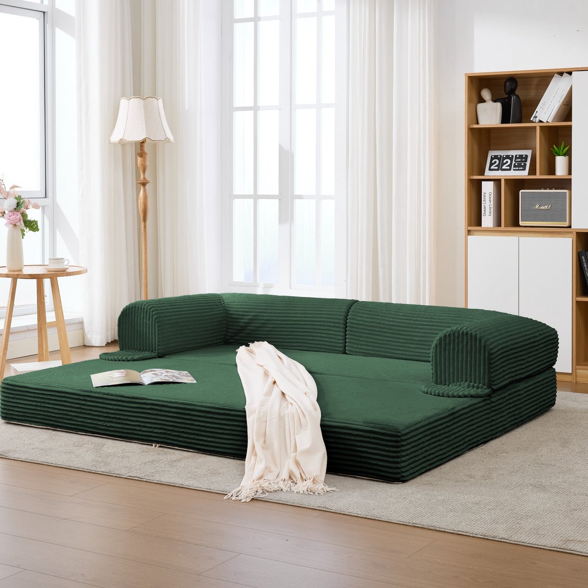 2-Persoons Sofa Bed 190x78x65 cm - Geribbeld Kordstof Sofa Bed Met Plaatsbesparende Functie, Groen