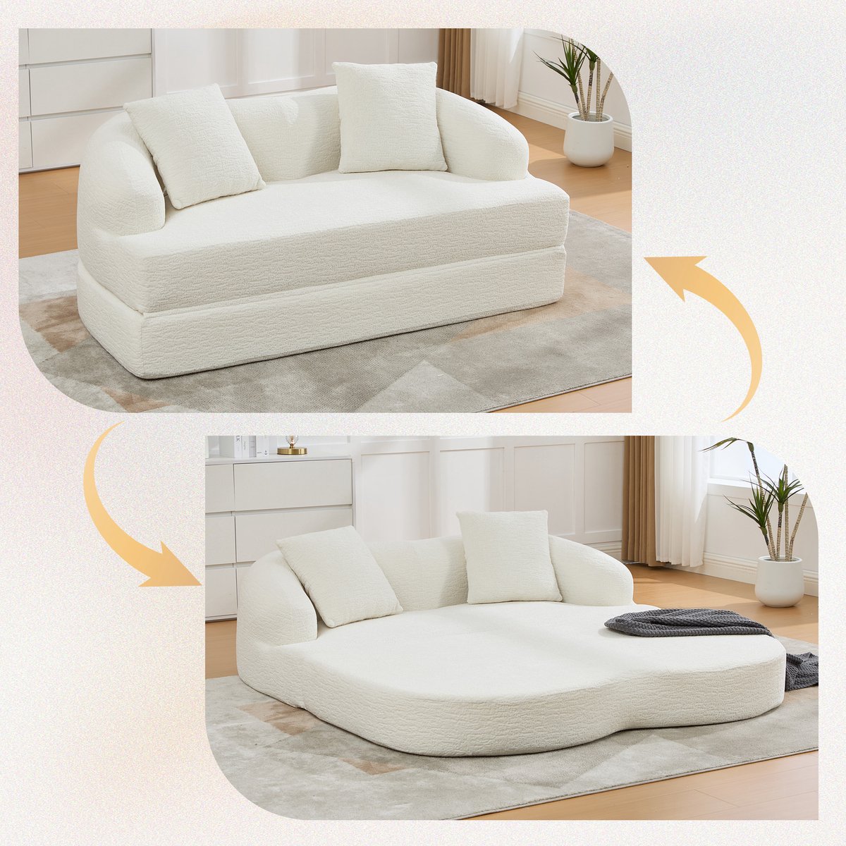 Slaapbank 2-Zits - Chenille Sofa Bed Met Uitklapfunctie - Modulaire Loveseat Bank Met 2 Kussens - Compacte Relaxbank Zonder Montage - Beige Dagbed Voor Woonkamer En Logeerkamer