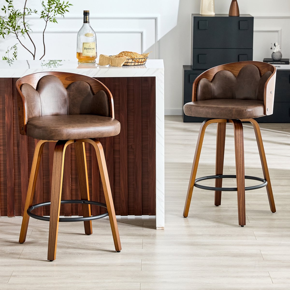 Clruro Barkrukken - 89 cm - 2 Stuks met Bloemrug en Voetsteun - Hout en PU-Leer - Bruin/Crème