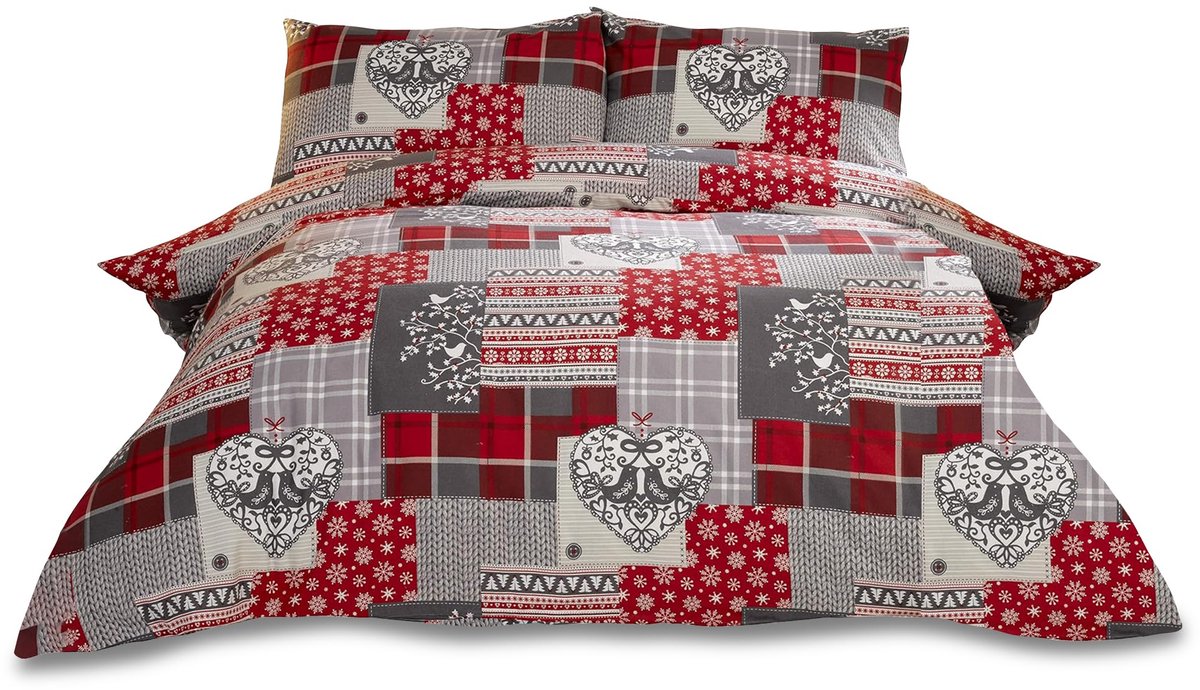 Alpine Patchwork 100% geborsteld katoen flanel hart dekbedovertrek en kussensloop beddengoed bedset, rood/meerkleurig - ShopVlot