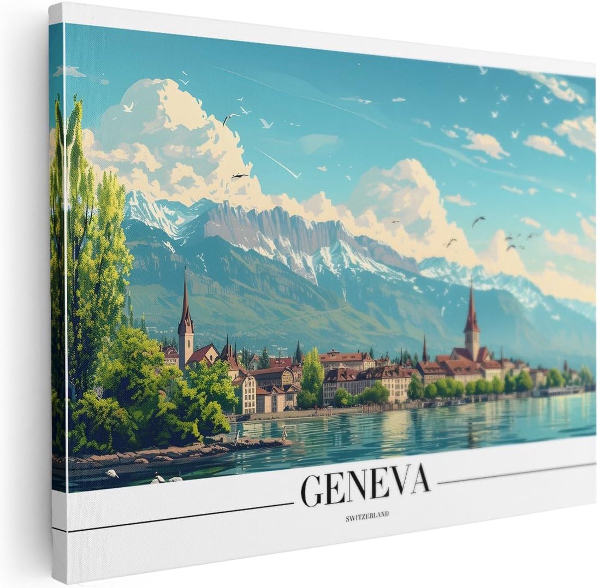 Artaza Canvas Schilderij Zwitserland - 40x30 cm - Klein - Wanddecoratie Genève Skyline - Muurdecoratie Bergen - ShopVlot