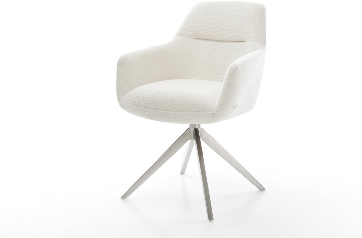 Eetkamerstoel Pejo-Flex kruisframe breed roestvrij staal bouclé zacht beige 360° draaibaar rocker-functie pocketveer kern