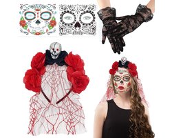 Shinybox Halloween Day of the Dead Hair Band Pink Crown Flower Veil with 2 Face Tattoos Halloween Veil of Death - ShopVlot