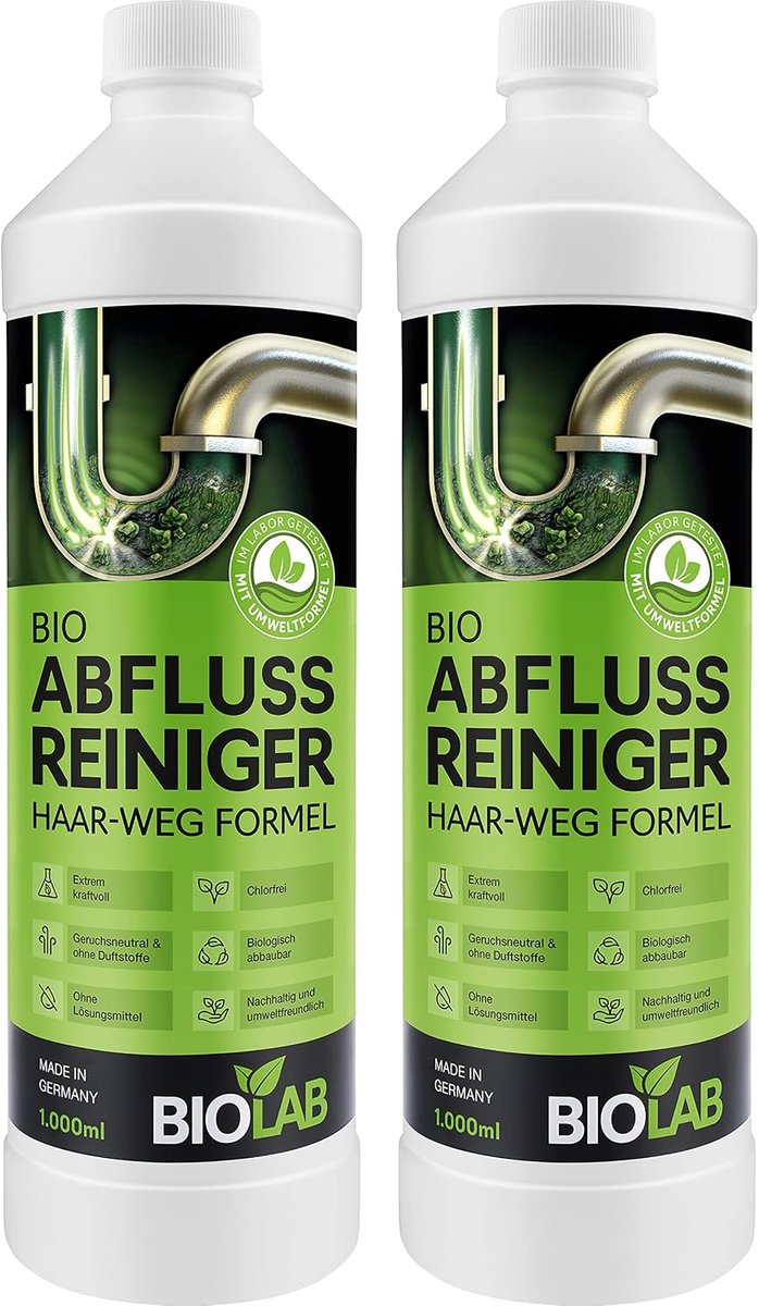 BIOLAB Afvoerreiniger (2 x 1000 ml) buisreiniger met haarwegformule – extra sterk – afvoervrij – drain free - ShopVlot