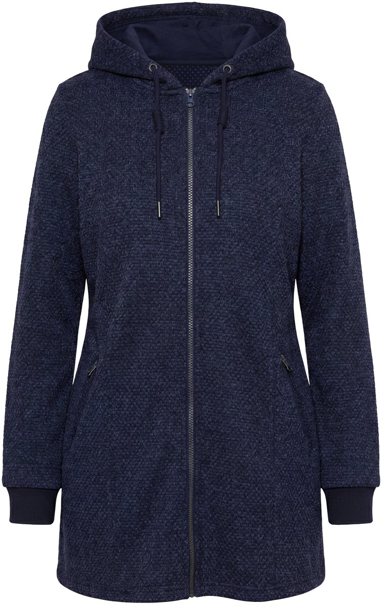 Ulla Popken - Dames - Gebreid fleece jas tekst capuchon lange mouwen - Marine - Maat 50+