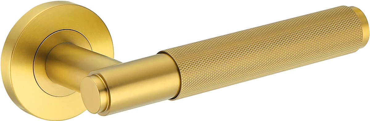 Deurkruk (2x) Eva rond geribbelde diamant greep 22mm haaks met een schroefrozet geborsteld messing PVD gecoat | Ronde deurklinken