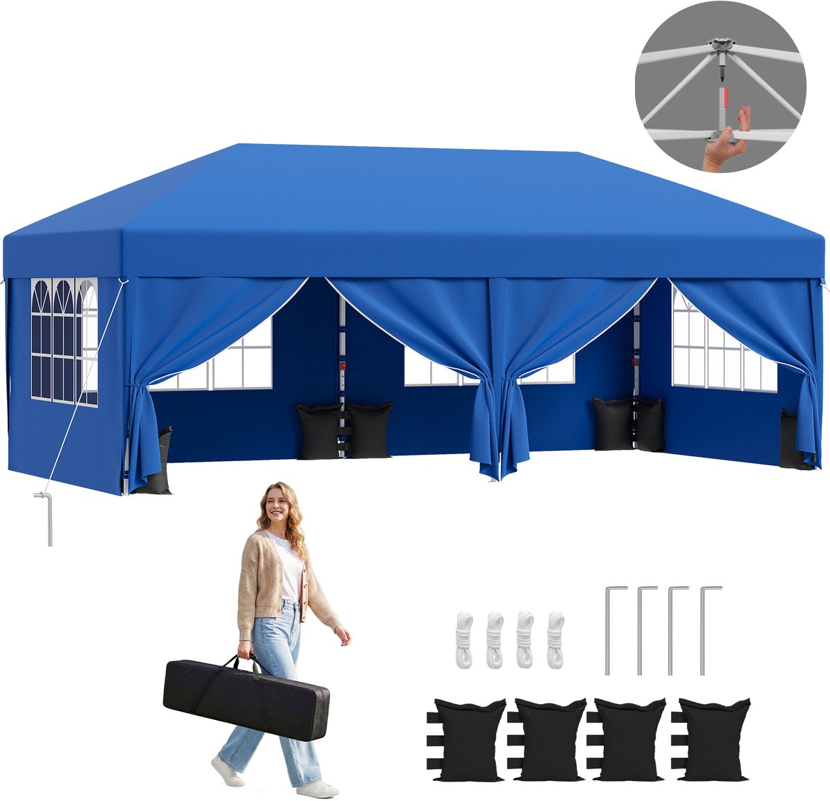 Devoko partytent–Opvouwbaar tuinpaviljoen 3x6–pop-up tuinpaviljoen in 20 sec–Waterdicht & UV-bestendig–met opbergtas–4 zijwanden–Blauw