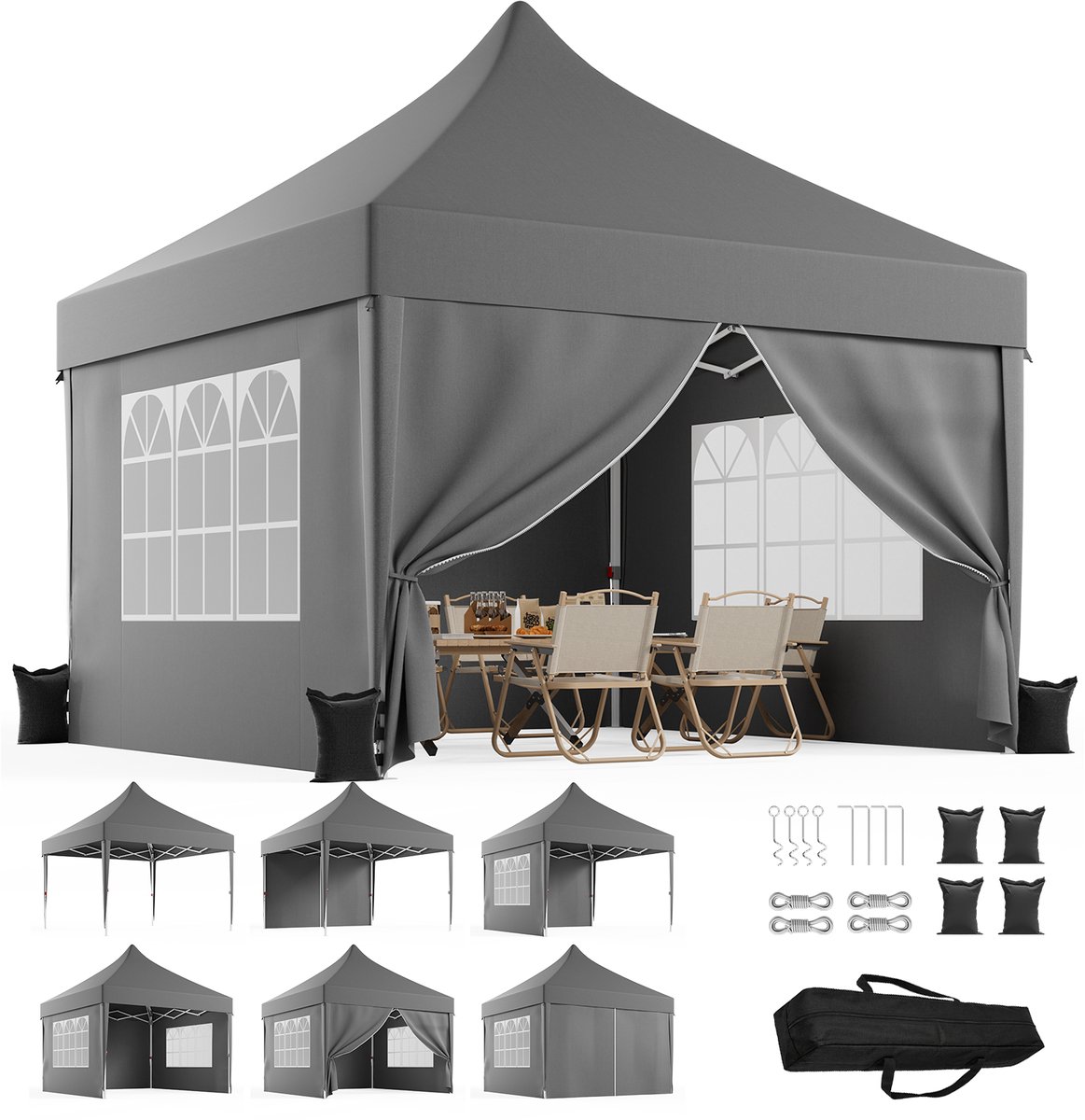 Devoko Luxe Partytent 3x3 m – opvouwbaar snelopzetbaar tuinpaviljoen met zijwanden – Waterdicht en UV-bestendig – Inclusief opbergtas – 3 Hoogteverstelbaar – Grijs