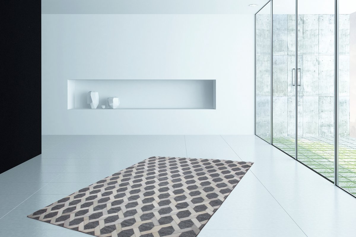 Padiro laagpolig vloerkleed 80 x 150 cm - grijs - modern geometrisch patroon - geschikt voor vloerverwarming - van viscose en leer
