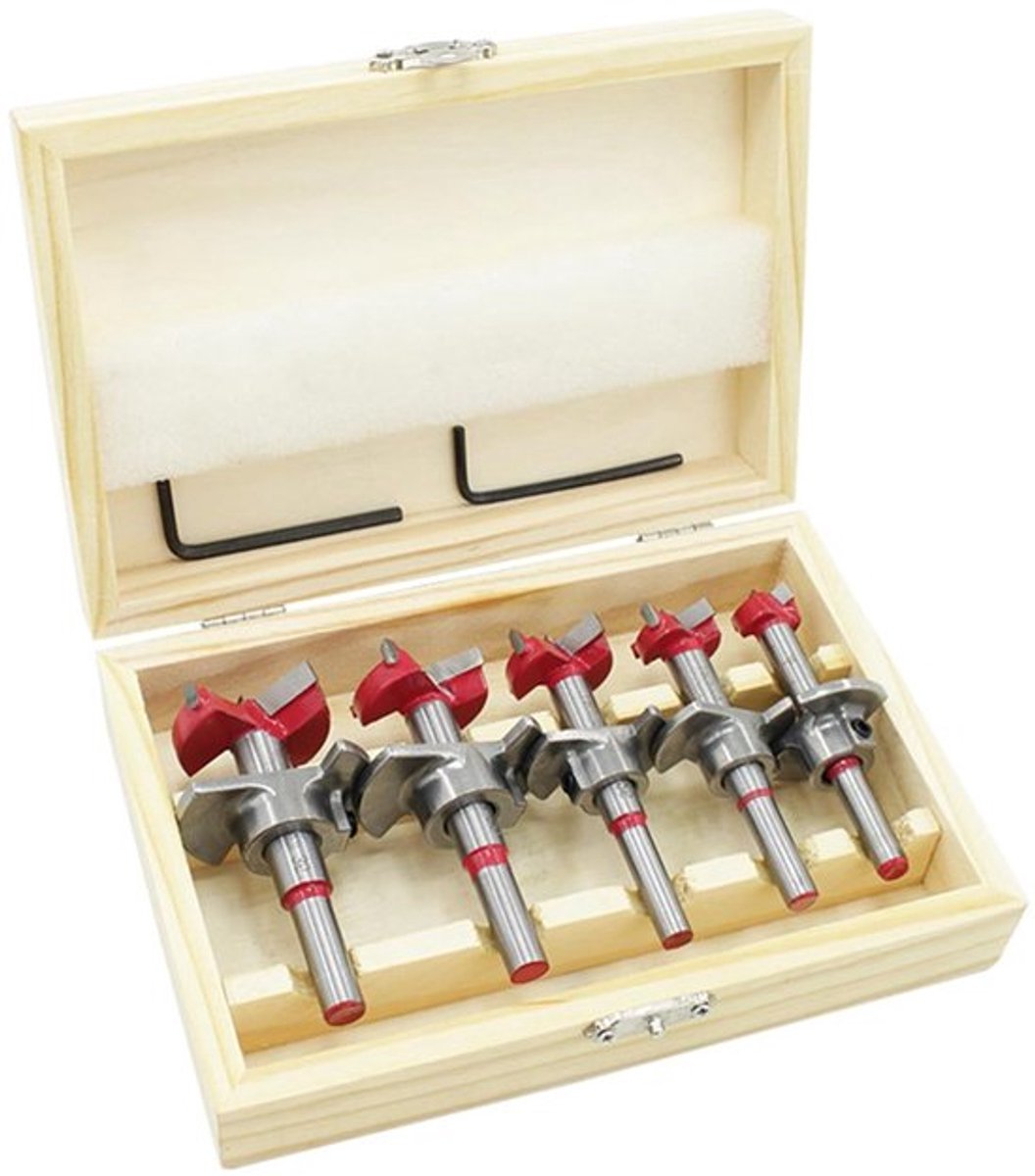 Forstner Boor Set van 5 Stuks - 15 mm, 20 mm, 25 mm, 30 mm, 35 mm - Verstelbare Houtboor voor Zacht en Hardhout, Perfect voor Scharnierbevestiging en Precisiewerk