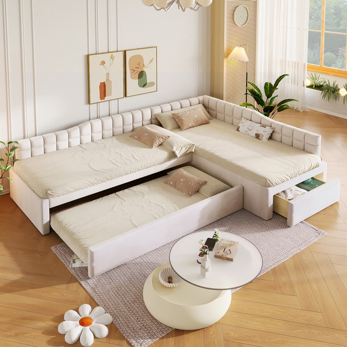 Pugsdrly 90x200 L-vormig gestoffeerd bed met uitschuifbed, lades en zachte fluwelen bekleding, BEIGE