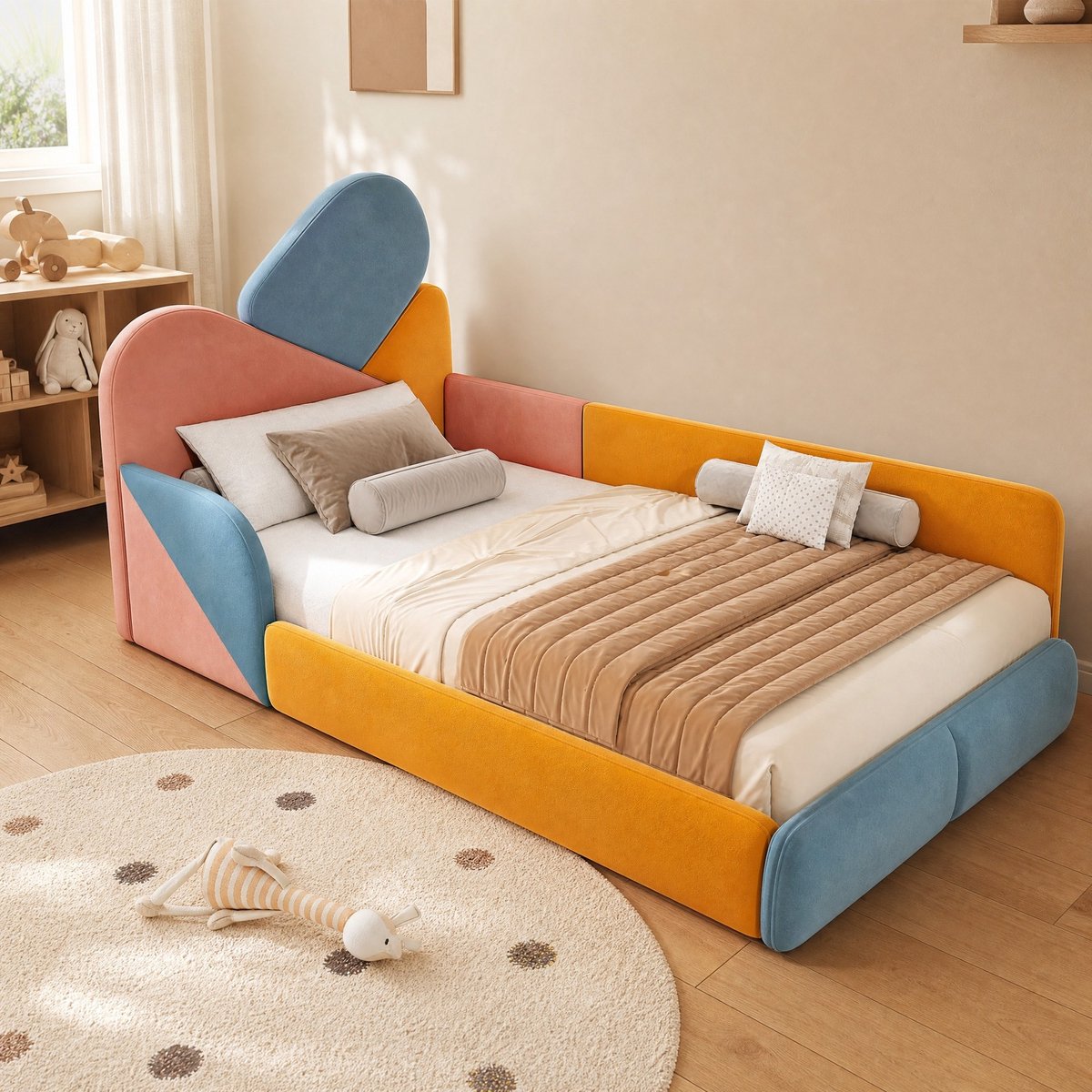 STILVORA Kinderbed 90x200 cm - Polsterbed met verhoogde zijbescherming - Zacht bed met lattenbodem - Voor kinderkamer - Velours - Blauw Multi - Zonder matras