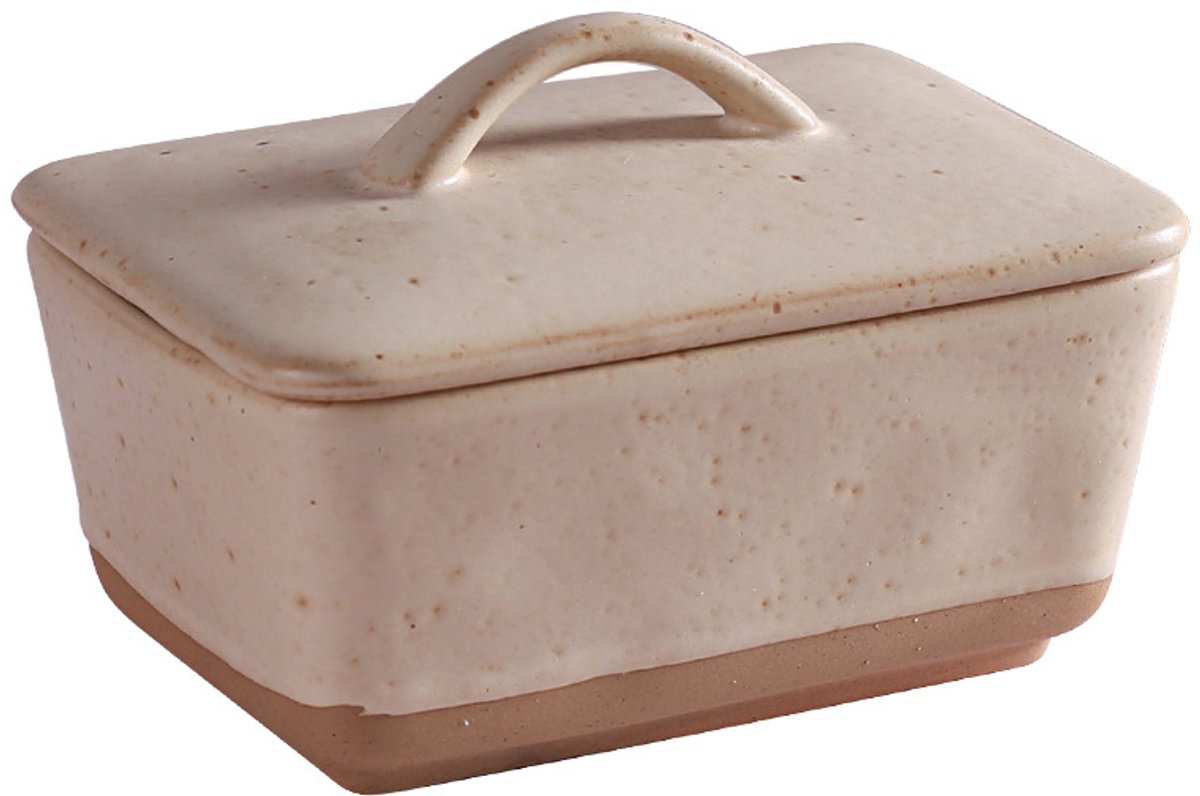 Boterpot - Keramische boterpot met deksel voor op het aanrecht - porseleinen boterhouder - vintage Europese boterhouder - vaatwasserbestendig - bruin