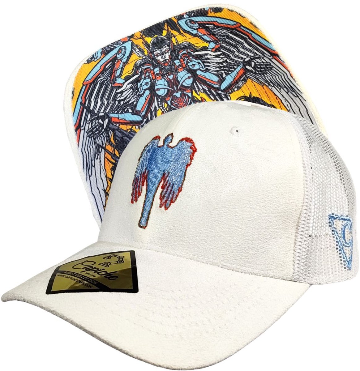 Capiche® Trucker Pet – Robot Engel – Wit Suède – Verstelbaar met Druksluiting – Sportcap – Pet voor Heren – Robot Angel