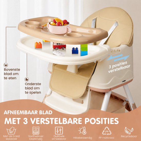 Arvioo - kinderstoel - 2-in-1 hoogstoel - 3 standen dienblad - afneembaar kussen beige — afbeelding 2