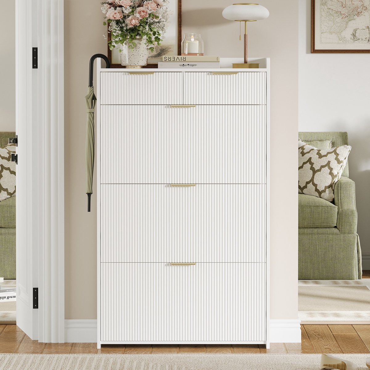 VVBV Schoenenkast 80x25x135 cm – Smalle Schoenenkast met Opbergruimte en 2 Lades – Modern Design – Voor Hal en Entree – Wit