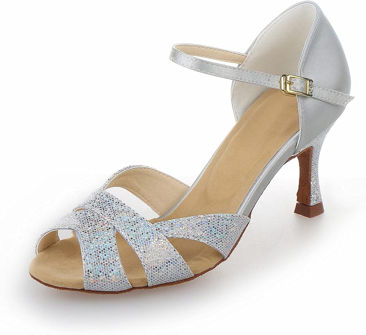 JIA JIA Y2054 Latin Women Sandals 7.5cm Flared Heel Super Satin Sparkling Glitter Dance Shoes - ShopVlot