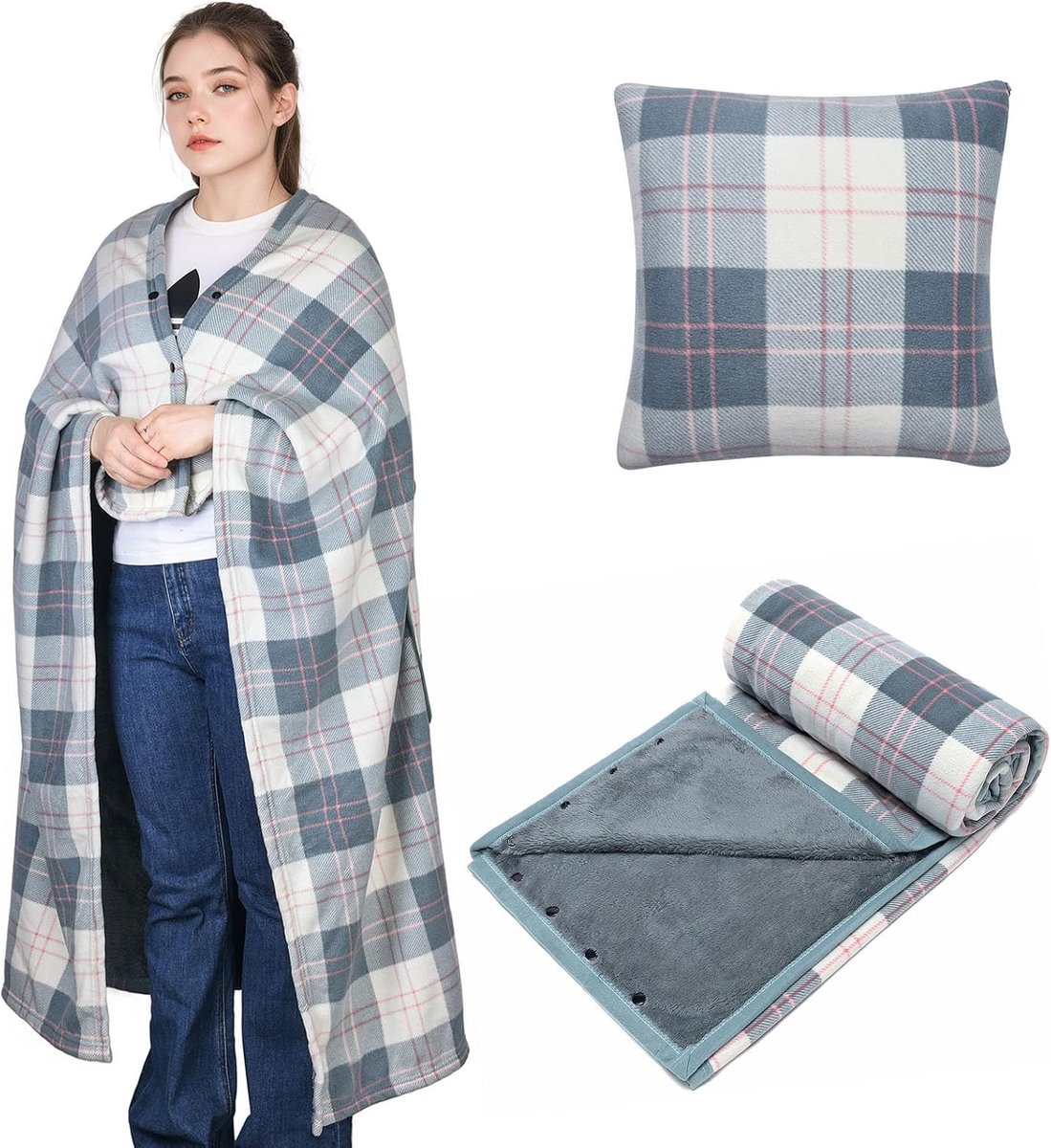 Portable Blanket Compact Cushion 2-in-1 Lap Blanket Women Poncho Fleece Button Plaid Bedspread Cushion for Bed Couch - ShopVlot