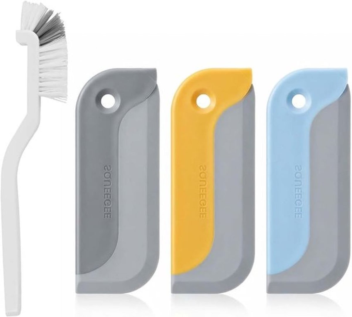 Set van 4 Douchewisser Set met 3 Mini Raamtrekkers voor Douche, Glas, Spiegel en 1 Borstel met Gebogen Hoofd voor Badkamer, Keuken en Auto, Ideaal voor Ramen en Tegels