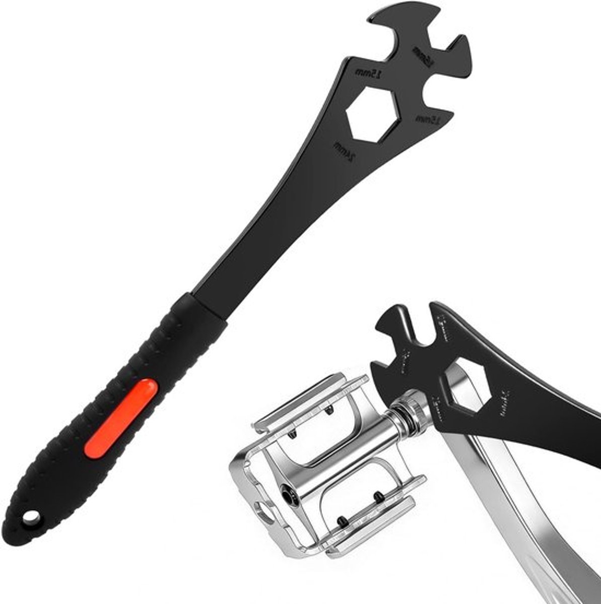 3-in-1 Pedaalsleutel - 15/16/24mm - 32cm Hefboom - Hoogwaardig Koolstofstaal - Voor Pedalen & Trapas - Voor Racefiets & MTB - Zwart