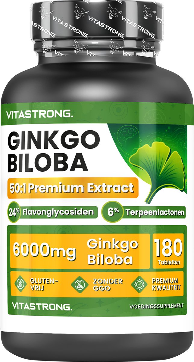 Vitastrong Ginkgo Biloba – 50:1 Extract, 120 mg per Tablet, 24% Flavonglycosiden en 6% Terpeenlactonen – Voor Geheugen, Concentratie en Microcirculatie – 180 Tabletten