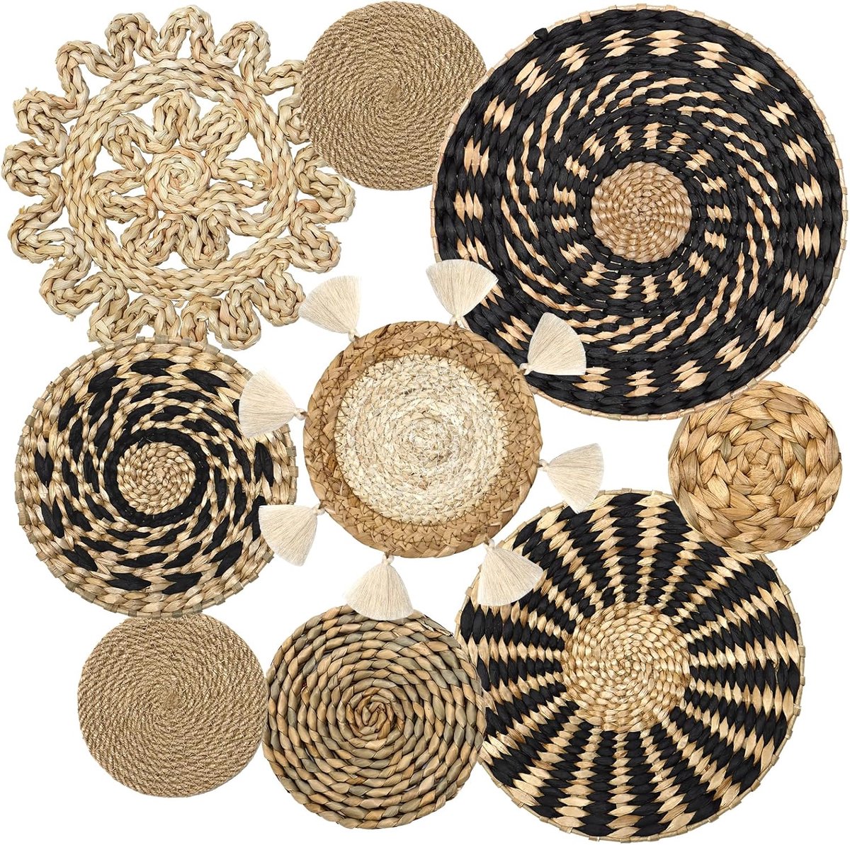 Set van 9 Boho wandmanden, wandbehang, rotan, decoratieset, rond geweven, boho rustieke wandmanden met kwastjes, macramé, handgeweven manden, muurkunst, decoratie voor woonkamer, slaapkamer