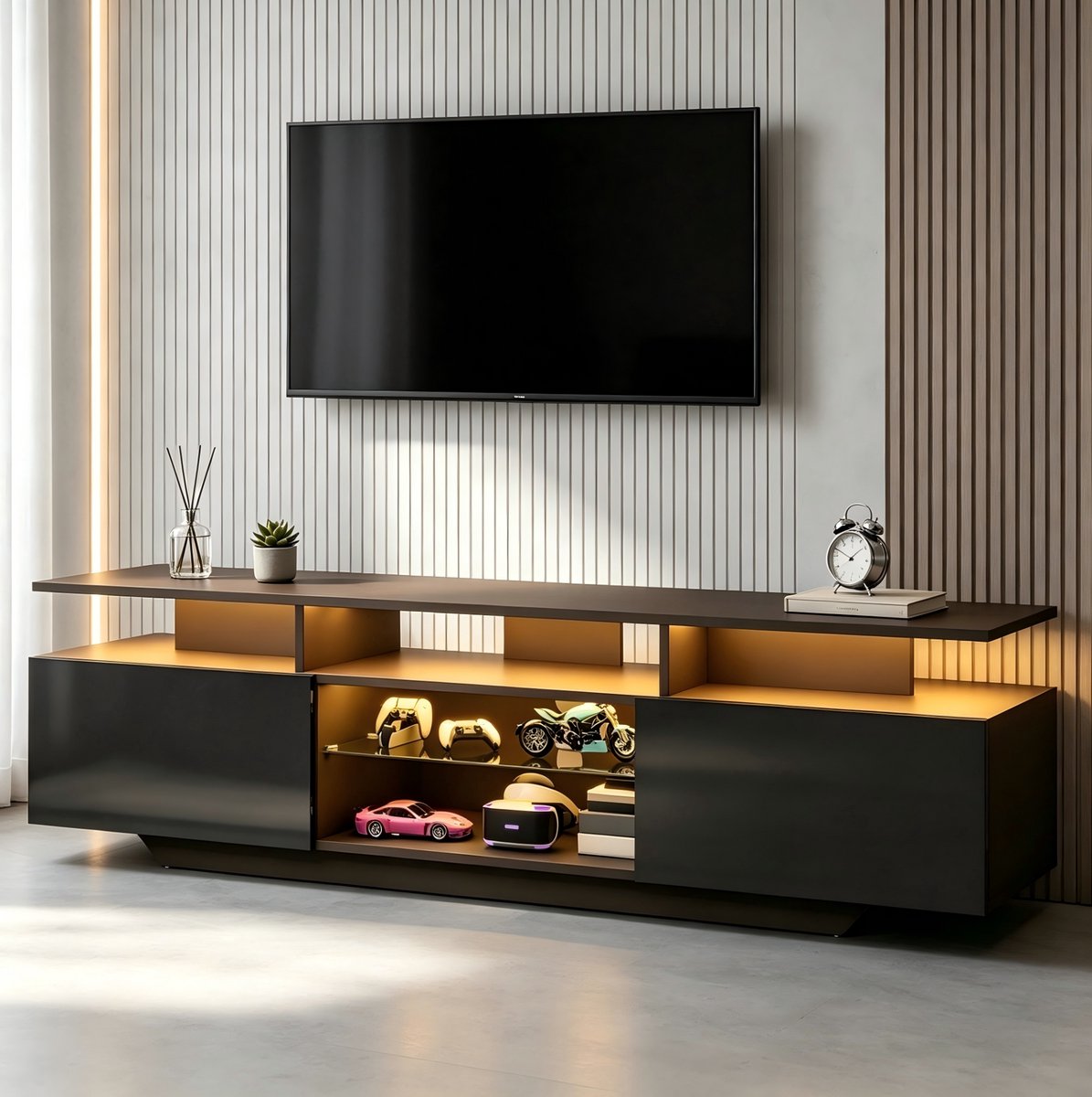 HAUSS SPOLE Halmeubel - Tv Meubel Met Ledverlichting En 2 Deuren - Voor Woonkamer En Televisiehoek - Mdf En Glas - 160x40x45 Cm - Zwart
