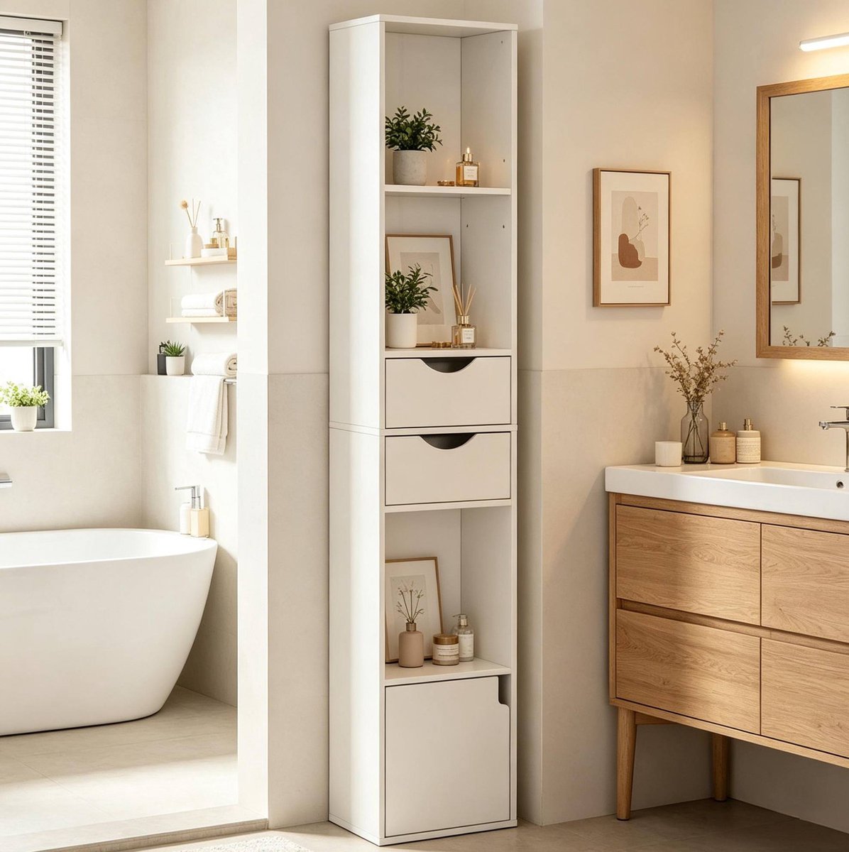 HAUSS SPOLE Boekenkast - Smalle Hoge Opbergkast Met Open Vakken, 2 Lades En Deurkast - Voor Woonkamer En Kantoor - Hout - 30x24x157,5 Cm - Wit