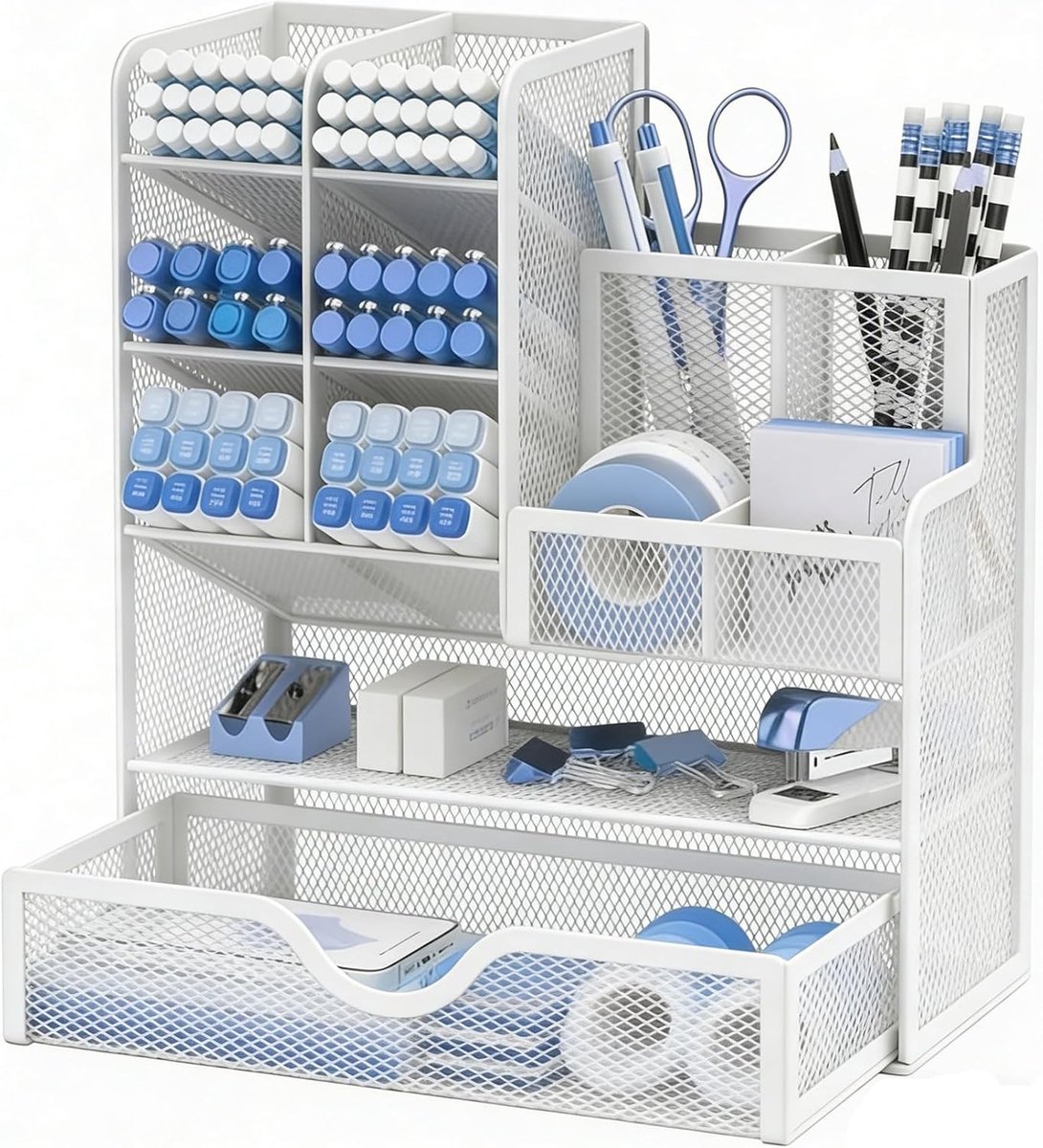 Pennenhouder Organisator met Lade, Multifunctionele Pennenhouder voor Bureau, Bureau-organizers en Accessoires voor Kantoor School (S-Wit)