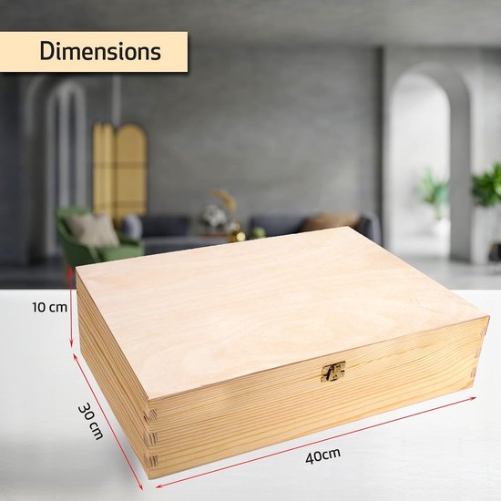 Houten doos met deksel, houten kist, opbergdoos, decoratie, 40 x 30 x 10 cm, houten kist, natuurhout, box, herinneringsbox, knutsel- en geschenkdoos — afbeelding 2