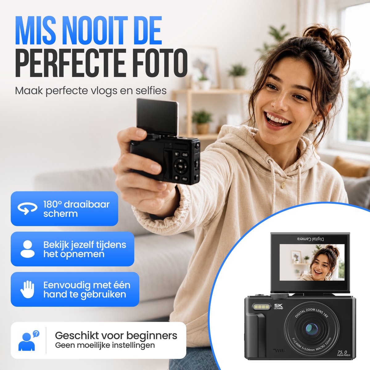 Strex Digitale Camera 5K 75MP - Fototoestel - 18x Zoom - Zwart thumbnail 6