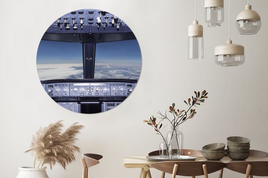 WallCircle - Wandcirkel - Muurcirkel - Cockpit - Wolken - Vliegtuig - Aluminium - Dibond - 140x140 cm - Binnen en Buiten