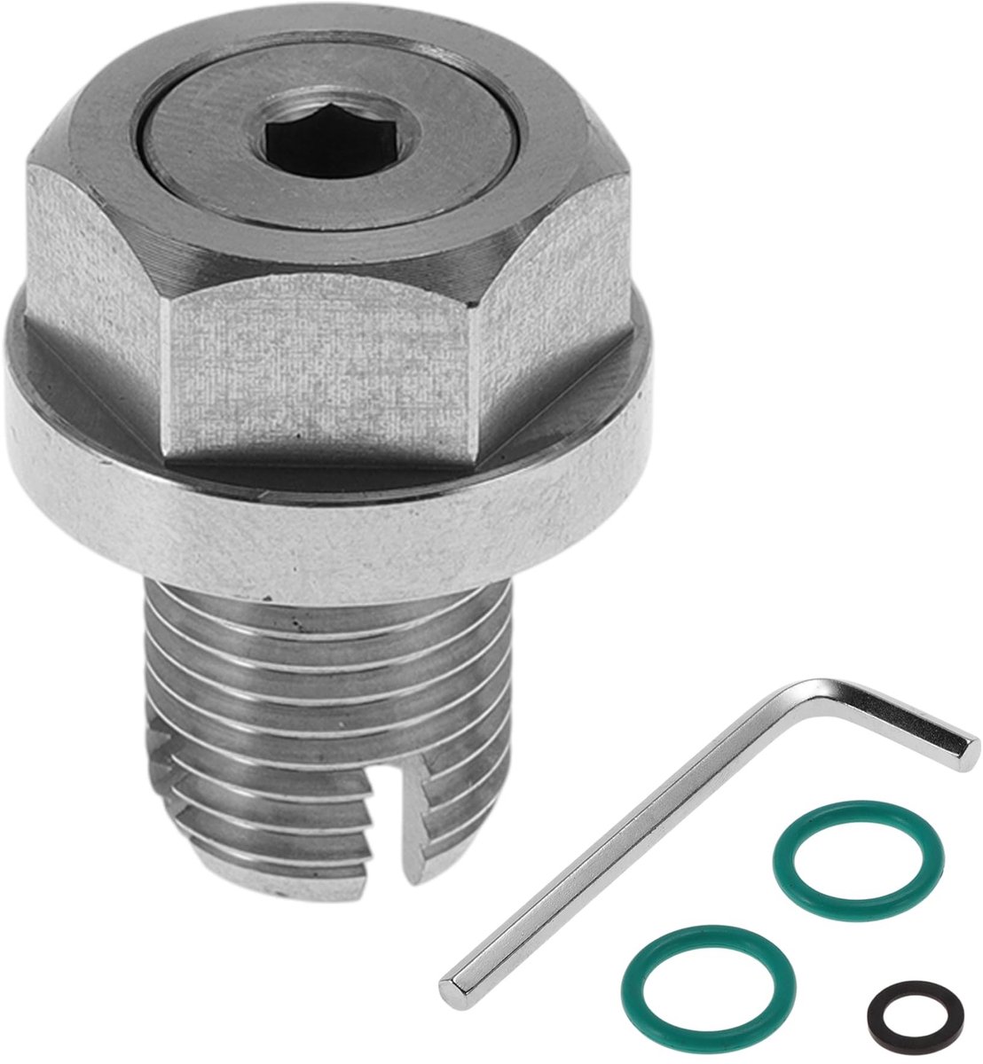Dailygoods - M12.1x1.25 Olie Afvoerplug Roestvrij Staal Olie Pan Drain Bolt Schroefdraad Reparatie 1 x Afvoerplug 1 x Zeskantsleutel 2 x Groene Ringen 1 x Zwarte Wasmachine